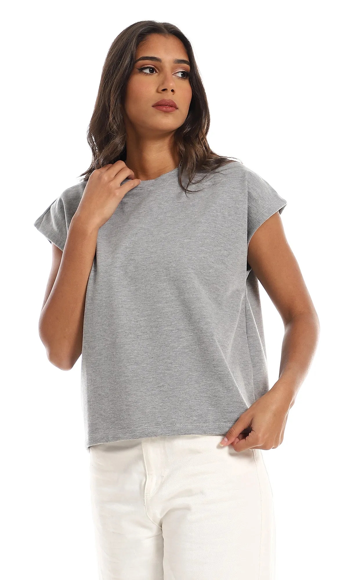 98867 Round Neck Cap Sleeves T-Shirt - Light Grey