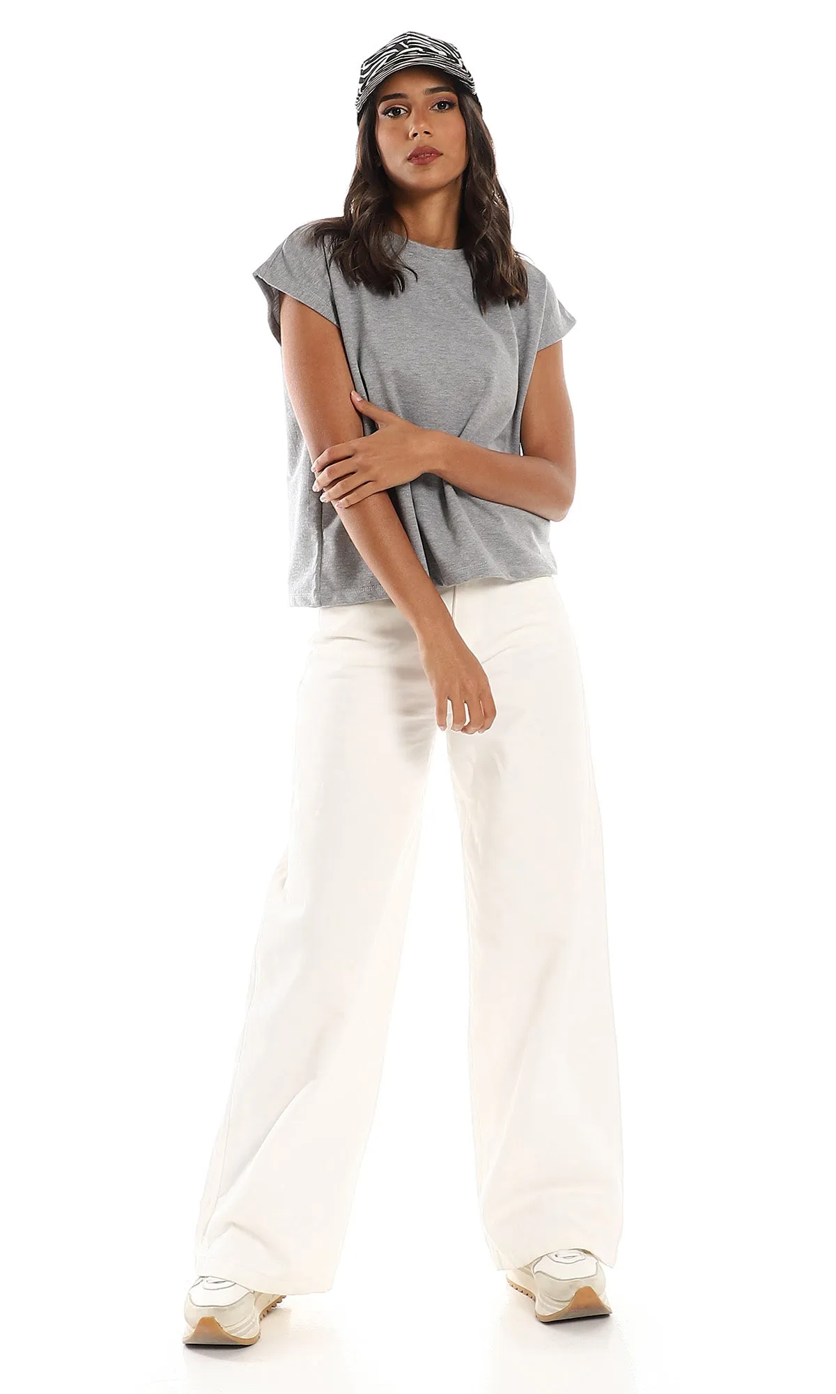 98867 Round Neck Cap Sleeves T-Shirt - Light Grey