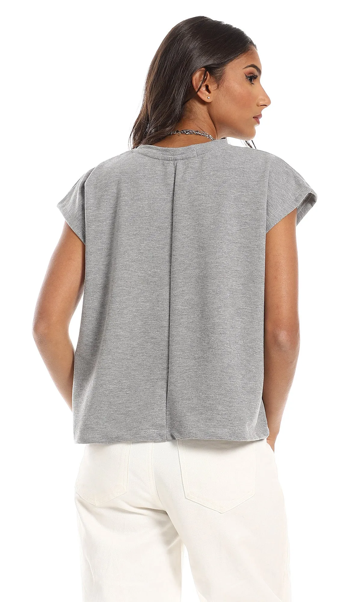 98867 Round Neck Cap Sleeves T-Shirt - Light Grey