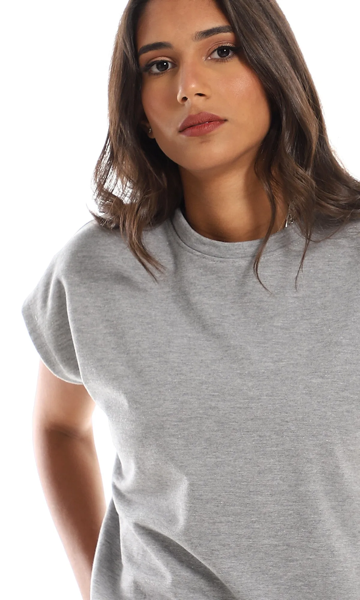 98867 Round Neck Cap Sleeves T-Shirt - Light Grey