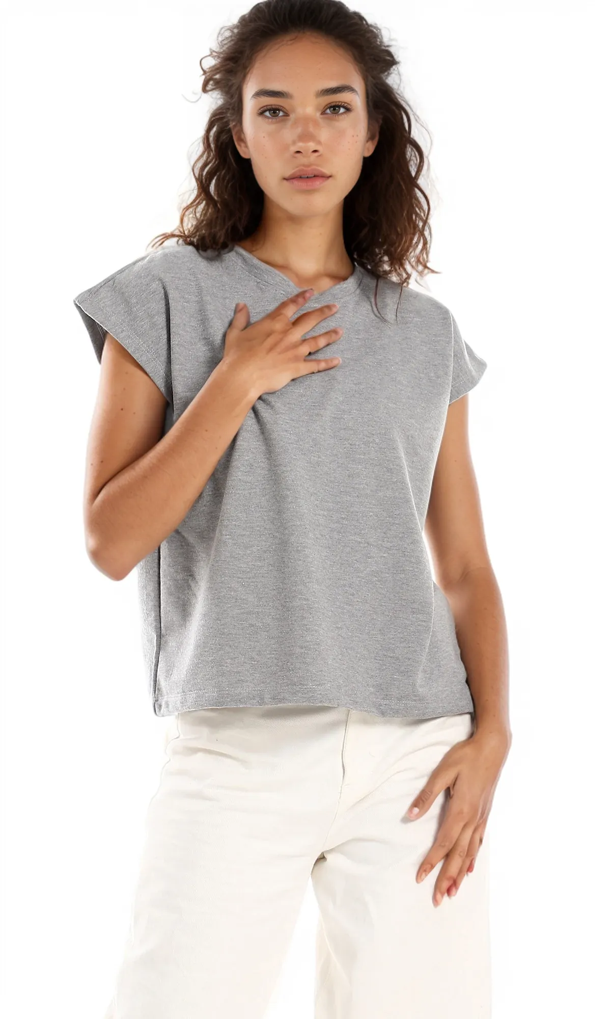 98867 Round Neck Cap Sleeves T-Shirt - Light Grey