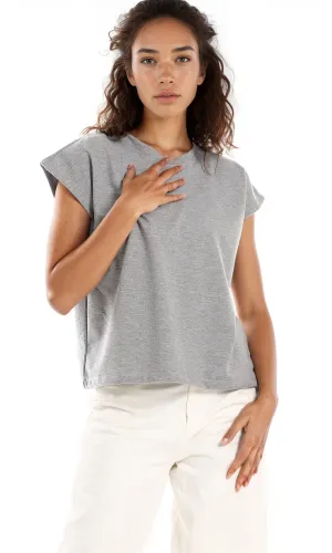 98867 Round Neck Cap Sleeves T-Shirt - Light Grey