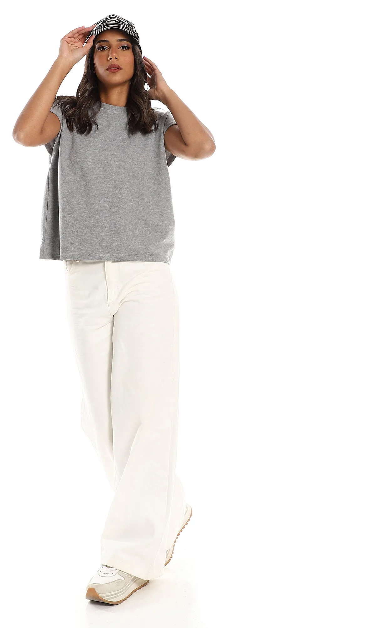 98867 Round Neck Cap Sleeves T-Shirt - Light Grey