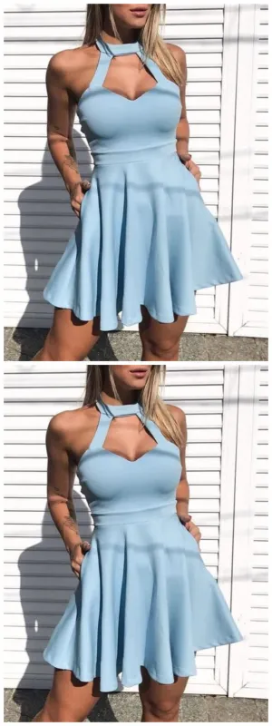 A-Line Crew Short Light Blue Keyhole Homecoming Party Dress with Pockets   cg11631