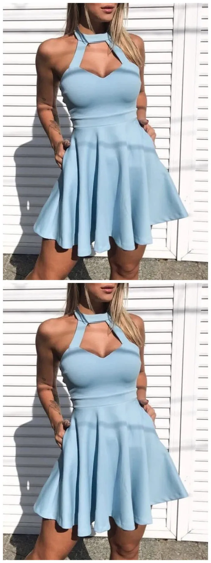 A-Line Crew Short Light Blue Keyhole Homecoming Party Dress with Pockets   cg11631