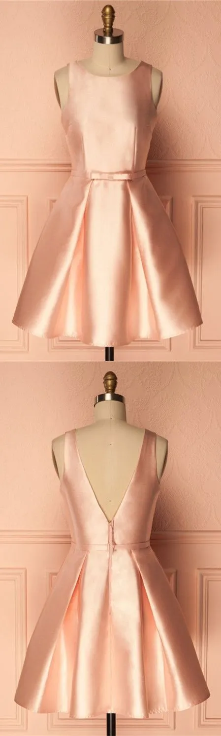 A-Line Crew Short Pearl Pink Satin Homecoming Dress with Pleats cg3531