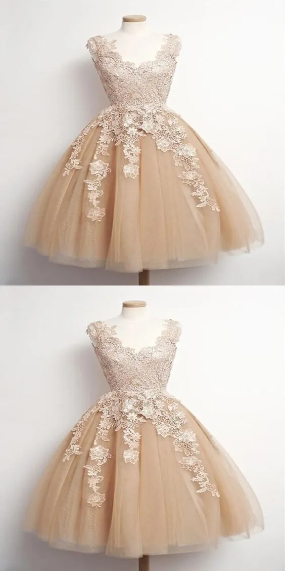 A-Line Sleeveless Champagne Short Homecoming Dresses,Appliqued Tulle Homecoming Dresses cg2165