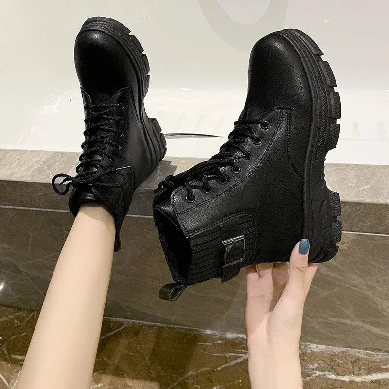 All-match British Style Plus Velvet Cotton Shoes Thick-soled Net Red Thin And Thin Short Boots