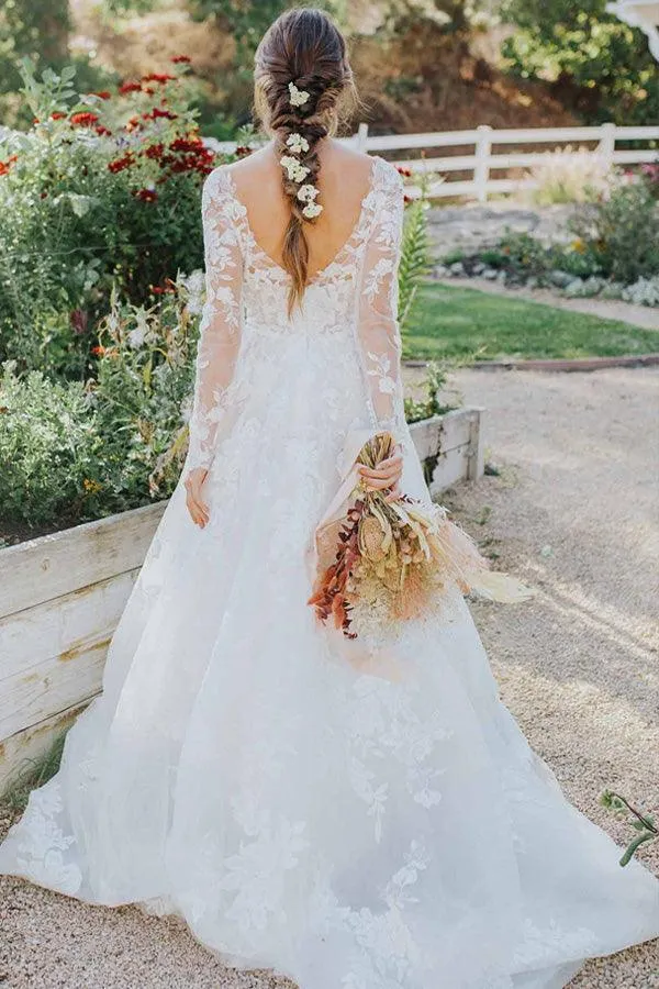 Boho A-line Long Sleeves Lace Outdoor Wedding Dresses TN319