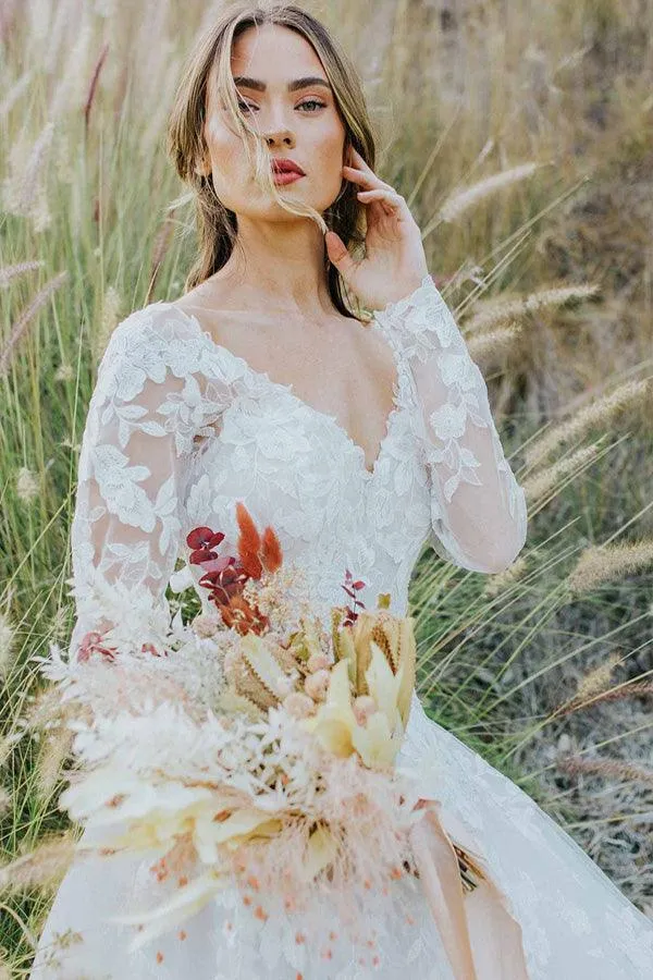 Boho A-line Long Sleeves Lace Outdoor Wedding Dresses TN319