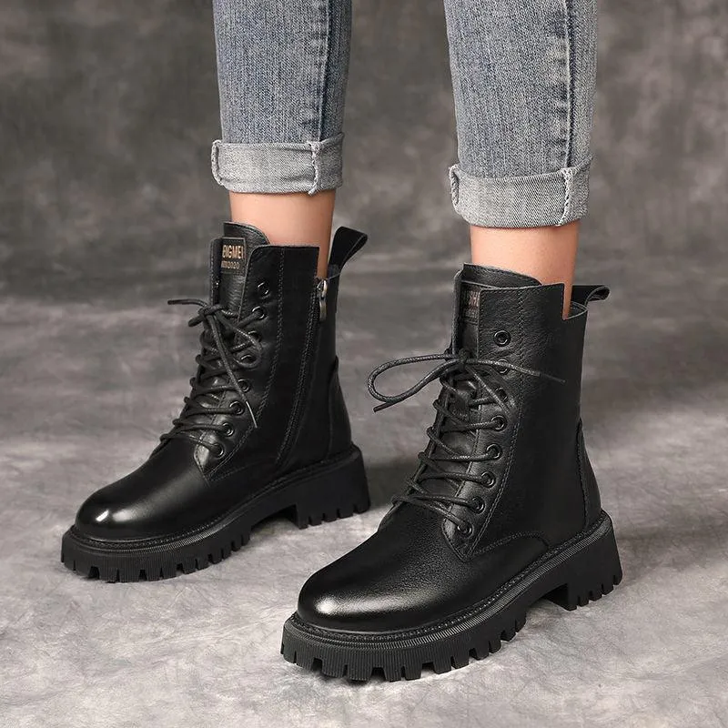 British Thick-soled Lace and Velvet Mid-cut Knight Boots