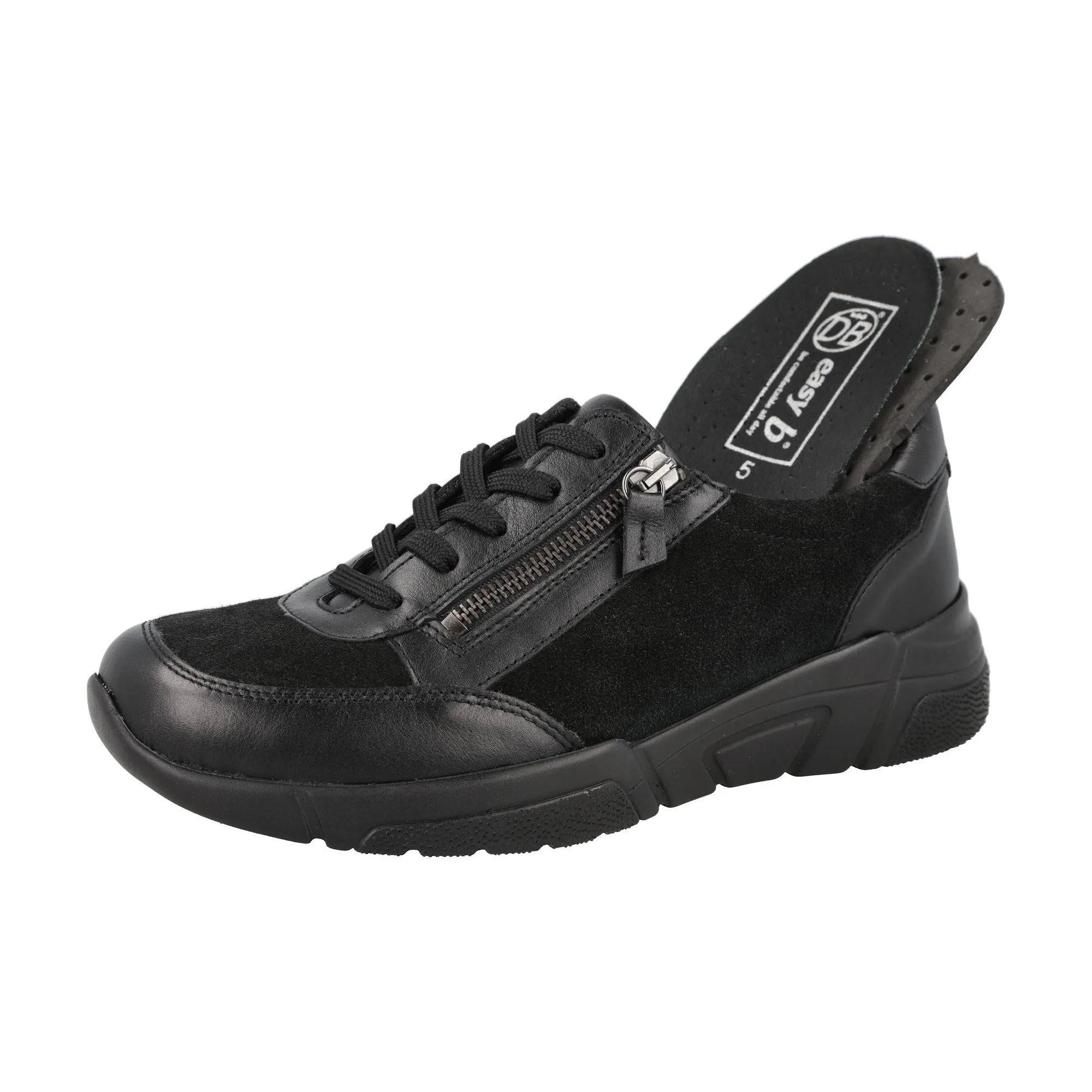 DB Shoes Granby 2V Ladies Wide Black Suede Zip & Lace Trainers