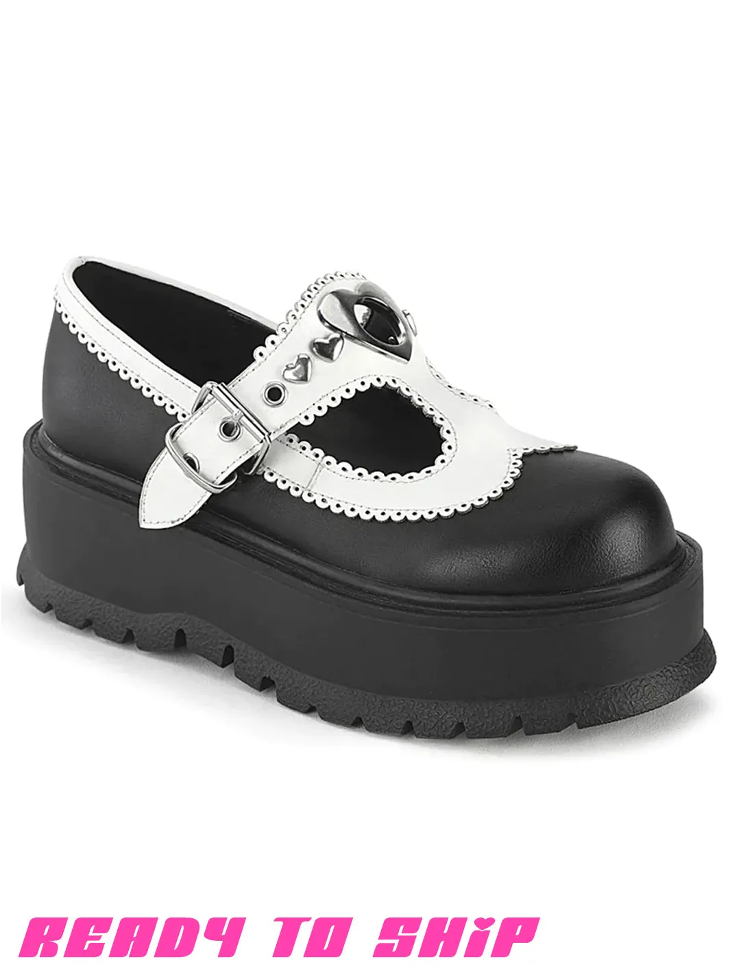 DEMONIA SLACKER 23 MARY JANES - BLACK & WHITE