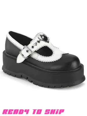 DEMONIA SLACKER 23 MARY JANES - BLACK & WHITE