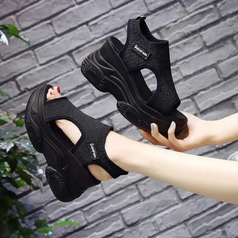 Japan And South Korea Station Trifle Sandals Women's Wild Thick-soled Slope Heel Sports Increase