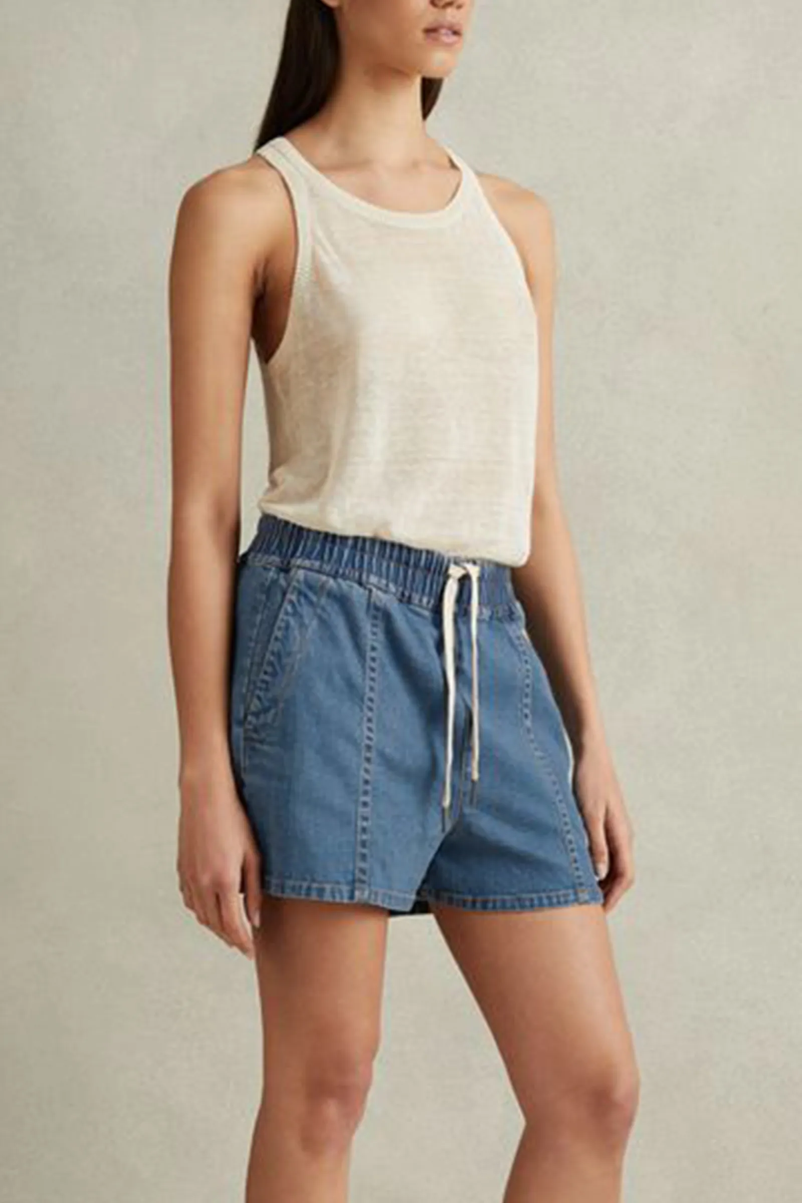 Lyocell Blend Denim Drawstring Shorts