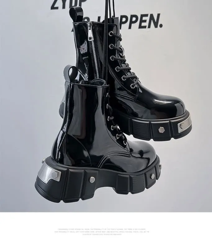 Men’s Chunky Platform Lace-up Patent Heel Boots for Bold Style