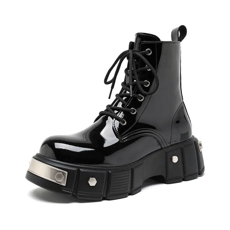 Men’s Chunky Platform Lace-up Patent Heel Boots for Bold Style