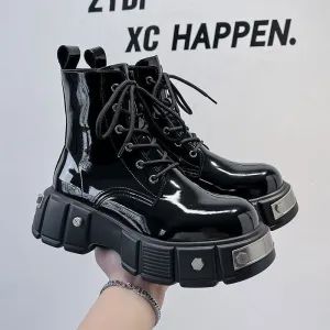 Men’s Chunky Platform Lace-up Patent Heel Boots for Bold Style