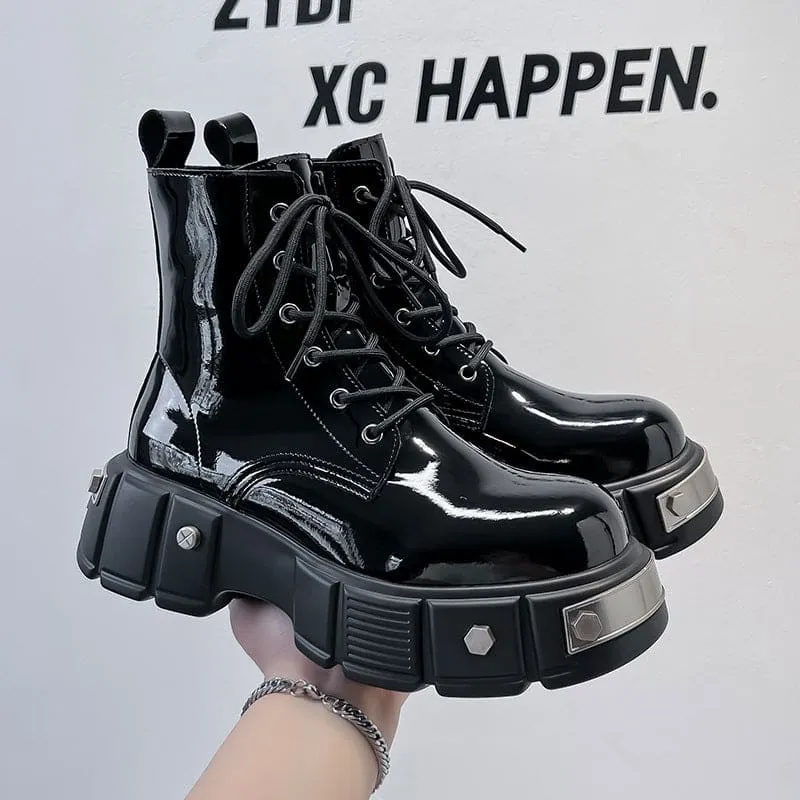 Men’s Chunky Platform Lace-up Patent Heel Boots for Bold Style