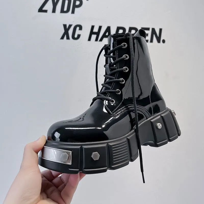Men’s Chunky Platform Lace-up Patent Heel Boots for Bold Style