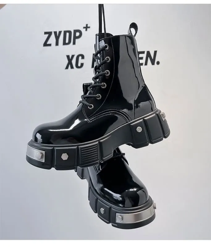 Men’s Chunky Platform Lace-up Patent Heel Boots for Bold Style