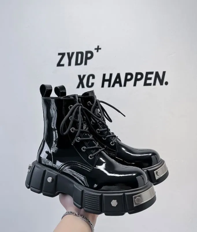 Men’s Chunky Platform Lace-up Patent Heel Boots for Bold Style