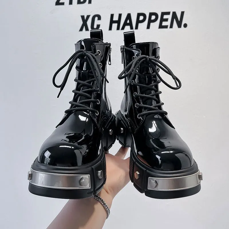 Men’s Chunky Platform Lace-up Patent Heel Boots for Bold Style