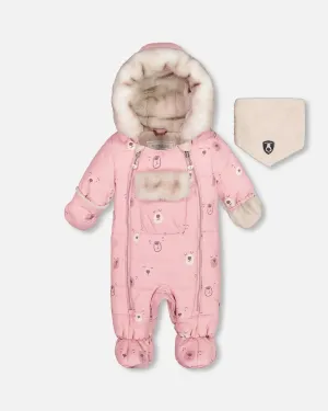 One Piece Baby Snowsuit Pink Bears Designed For Car Seat