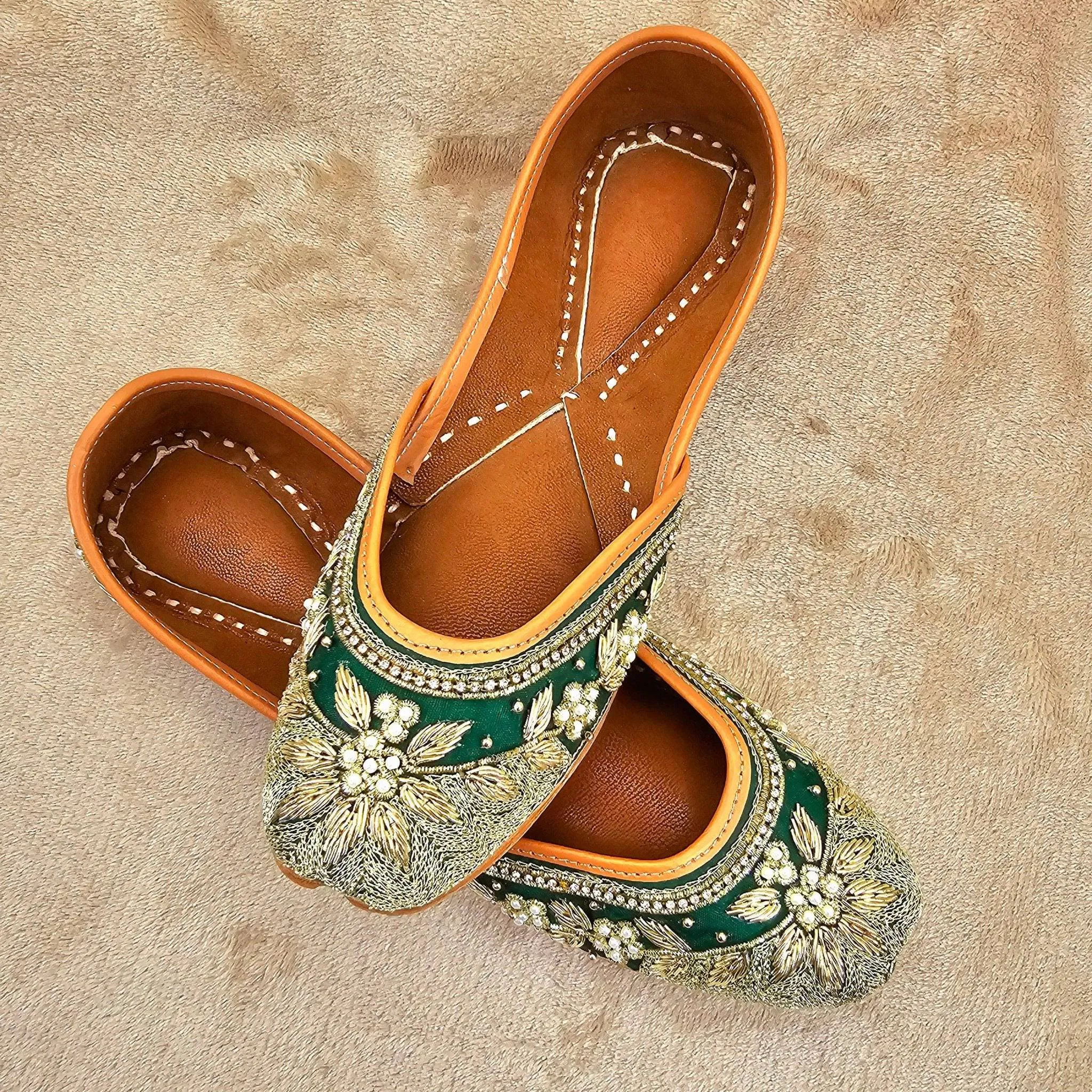 Radhika Green Gold Pearl and seqine Zardozi