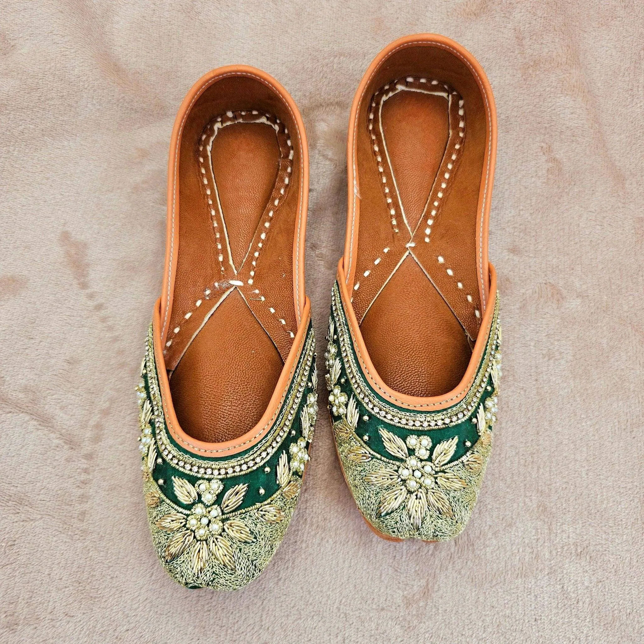 Radhika Green Gold Pearl and seqine Zardozi