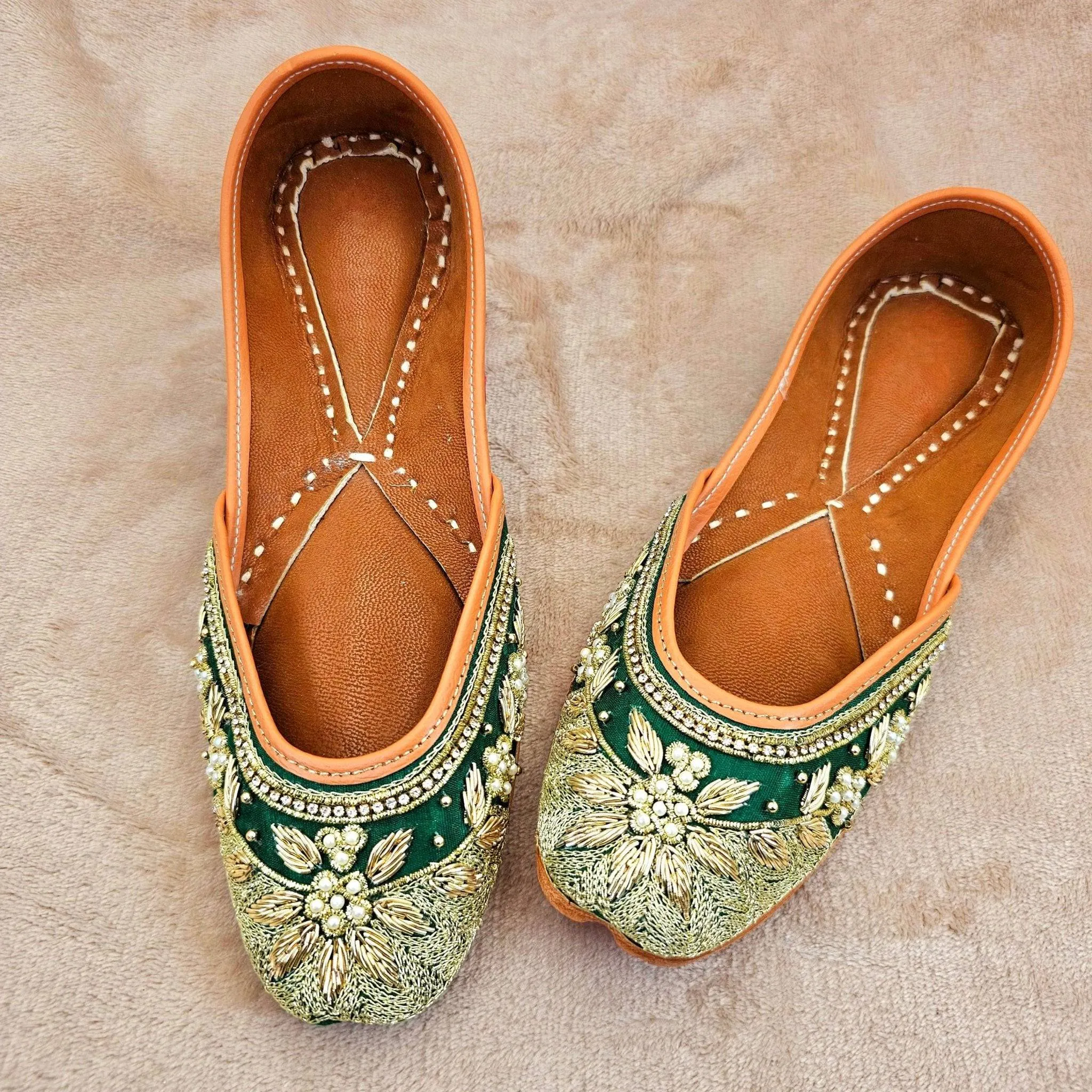 Radhika Green Gold Pearl and seqine Zardozi