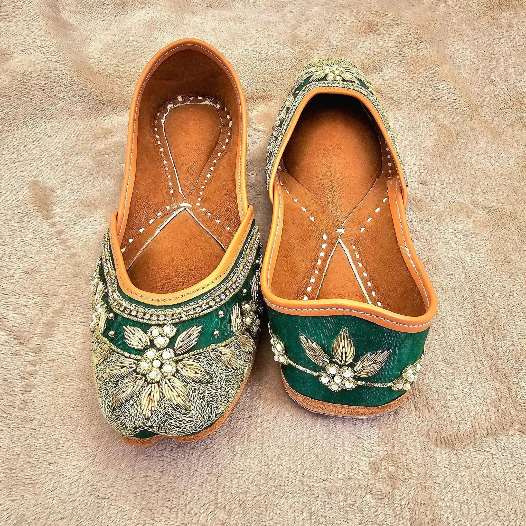 Radhika Green Gold Pearl and seqine Zardozi